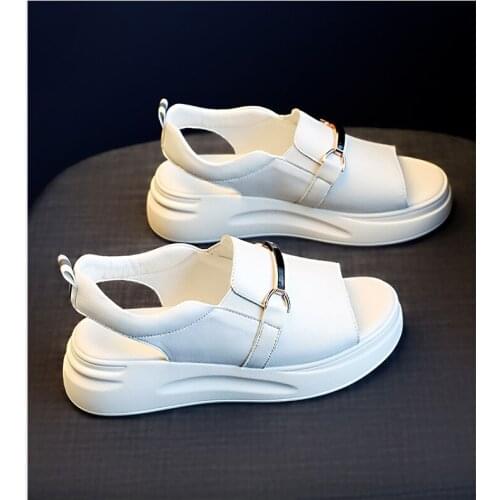 2021 Womens Sandals New Thick-soled White Single Shoes Student Fish Mouth Leather Shoes Flat Sandals Women Heels Women