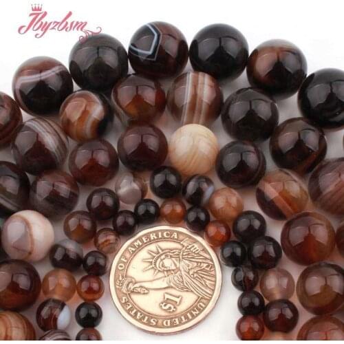 Smooth Round Brown Stripe Banded Agates Natural Stone Beads for Women Men DIY Necklace Bracelets Earring Ring Jewelry Making 15"