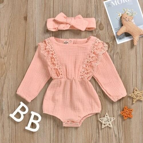 0-18M Baby Girls Romper Toddlers Hemp Cotton Fly Long Sleeve Romper Lace Perspective Hair Band for Children