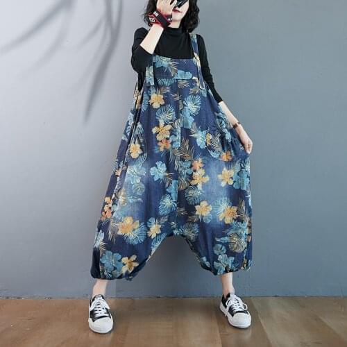 Wide Leg Denim Overalls Women Baggy Printed Floral Suspenders Bib Cowboy Pants Low Drop Crotch Jean Jumpsuits Female Rompers