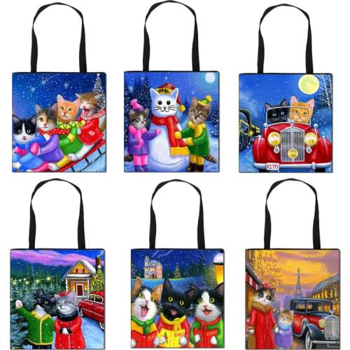 Kittens Cats Cars Winter Snow Shoulder Bag Christmas Presents Home Storage Bag Chirstmas Bucket Bag Woman Handbag Shopping Bag