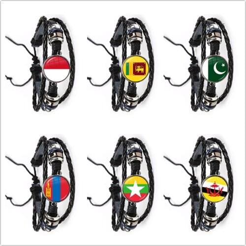 Pakistan,Brunei,Sri Lanka,Myanmar,Indonesia,Mongolia National Flag Leather Bracelet Glass Cabochon Bangle Jewelry Gift