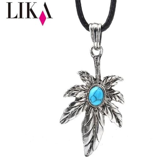 LIKA Antique Silver Plated Leaf Pendant Necklace Turquoise Gemstone Pendant Necklace