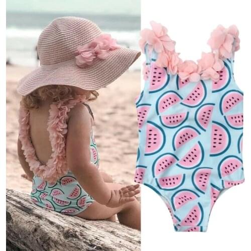 Fashion Toddler Baby Girls Kids Sleeveless Watermelon Print Backless Flower Cute One-Piece Swimsuits Beachwear Bathing Swimwear