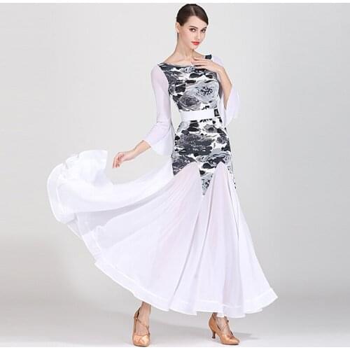 New Floral Ballroom Dance Dress Women White Dress Designer Clothes Waltz Dancer Outfit Stage Costume Modern Dancewear JL2701