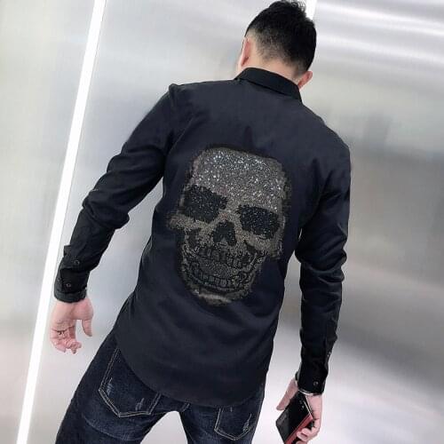 Original Spring Mens T-Shirt Exquisite Rhinestone Luxury Cotton Pure Color Hot Diamond Skull Tops Slim Long Sleeve