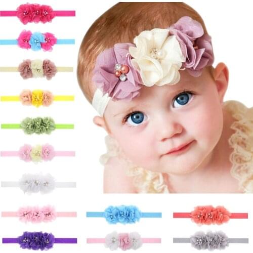 28Color Mix Child Baby Hand-Stitched 3 Flower Rhinestone Headband Pearl Chiffon Baby Hair Band Elastic Hairbands Gift For Girls