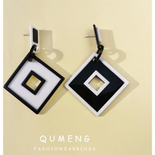 QUMENG 2020 Big Geometric punk Earrings Korean black and white Acrylic Square Earrings Vintage stud Earrings Gifts For Women