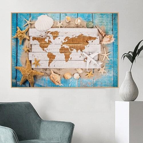 RELIABLI ART Wooden board starfish World map Wall Art pictures For living room decorative Picture canvas paintings No frame