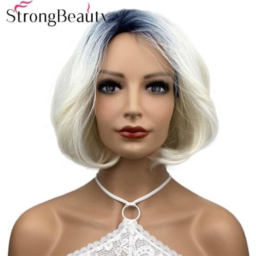 StrongBeauty Ombre Wig Short Bob Wigs Straight White Hair with Dark Roots Synthetic Natural Full Women Wigs 8 Inches