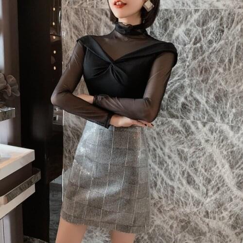 2020 Elegant Black T Shirt Party Bodycon Bandage Mesh Patchwork Tee Femme Spring Women Ladies Long Sleeve Turtleneck Crop Top