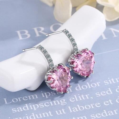 KOFSAC Fashion Romantic Zircon Crystal Blue Pink Love Heart Stud Earrings Women 925 Sterling Silver Jewelry Party Accessories