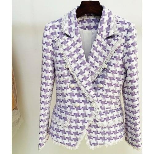 Pink Purple Houndstooth Plaid Blazer Women Autumn Winter Woolen Jacket Double Breasted White Button Blazers 2021 New Dropship
