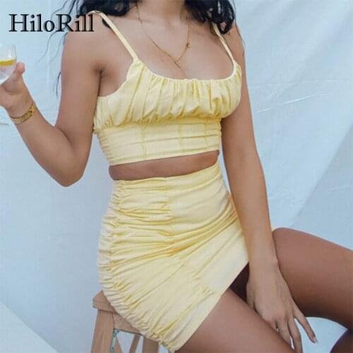 HiloRill Sexy Bodycon Solid Party 2 Piece Skirt Set Women Spaghetti Strap Cropped Tops+High Waist Sheath Mini Skirt Sets Summer