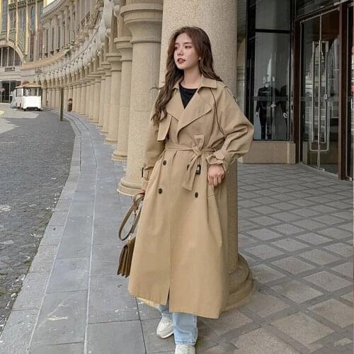 Spring Autumn Mid-length Womens Thin White Trench Coat Plus Sashes Korean Loose Double Breasted Lapel Long Sleeve Windbreaker