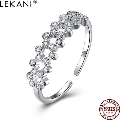 LEKANI Women Rings Genuine Sterling Silver 925 Jewelry Shiny 5A+ CZ Cubic Zirconia Hollow Out Adjustable Open Engagement Ring