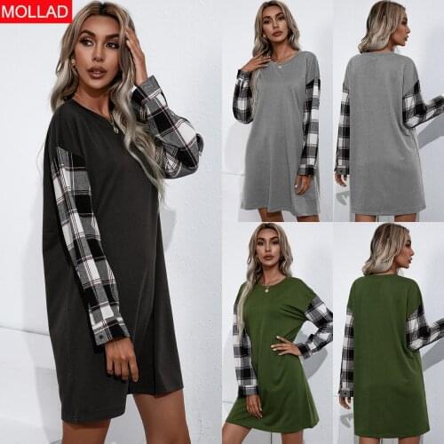 2021 Autumn New European and American Plaid Stitching Casual round Neck Long-Sleeve T-shirt Dress for Women