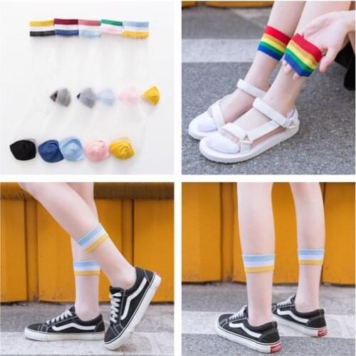 1 pair of trendy summer candy color rainbow bar original crystal stockings high quality fashionable retro casual womens wear