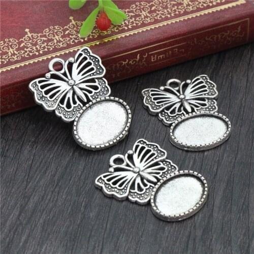 10pcs 13x18mm Inner Size Antique Silver Plated butterfly Cameo Cabochon Base Setting Charms Pendant necklace findings
