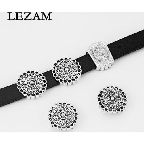 10pcs Antique Sliver Tone Square Carved Flower Shape Charms Slider Spacers Beads Fit 10/5*2mm Flat Leather Cord