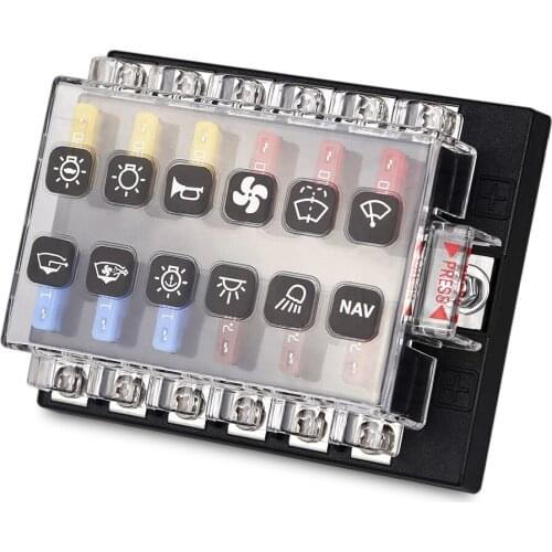 12 Way Car Marine Boat 12V 24V Fuse Box Blade Base Fuse Block Holder Screw Nut Terminal Free Fuses LED Indicator Waterpoof Cover