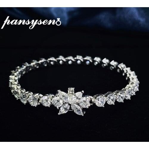 PANSYSEN Original 925 Sterling Silver Women Leaf Simulated Moissanite Diamond Charm Bracelets Bangle Handmade Fine Jewelry Gift