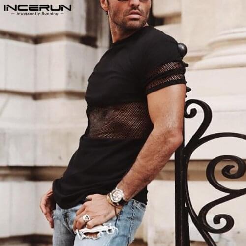 INCERUN Men T Shirt Mesh Patchwork See Through Round Neck Short Sleeve Tee Tops Summer Streetwear 2021 Party Casual Men Clothing