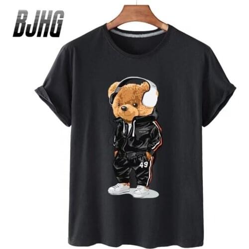 100% Cotton Earphone Bear Short-sleeved T-shirt Female Half-sleeved 2021 Summer Casual Oversized T-shirt Male Shirt S-4XL