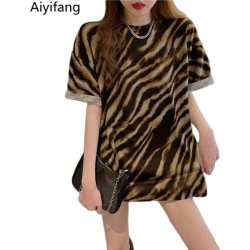 New Korean Style Tide Zebra Print T-Shirt Summer Womens Short-Sleeved Long Tees Large Size Streetwear Loose Black Pullover Tops