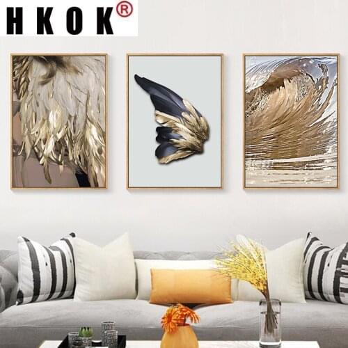 HKOK Canvas Painting Nordic Feathers White Poster And Print Modern Golden Wings Wall Art For Living Room Aisle Bedroom Decor