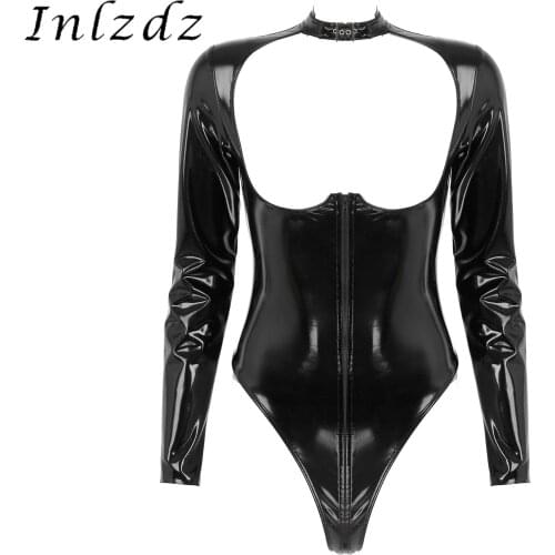 Womens Erotic Sexy Bodysuit Zipper Open Breast Patent Leather Catsuit Jumpsuit Long Sleeve High Cut Leotard Wet Look Clubwear