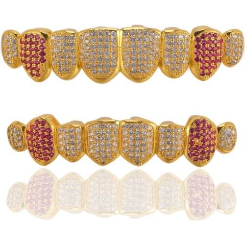 COPPER rose gold color Plated HIP HOP Micro Pave Top & Bottom Grill Set With silicone Vampire teeth Best Gift For Christmas