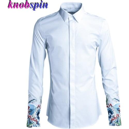 Fashion Cuff Embroidery Shirt men Top Brand Business male Slim Camisa masculina long sleeve 80%Cotton clothings mens Shirts 2019