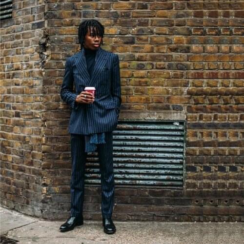 Modern Navy Striped Mens Double Breasted Suit Peaked Lapel Two Pieces Wedding Suits Set Custom Made Jacket