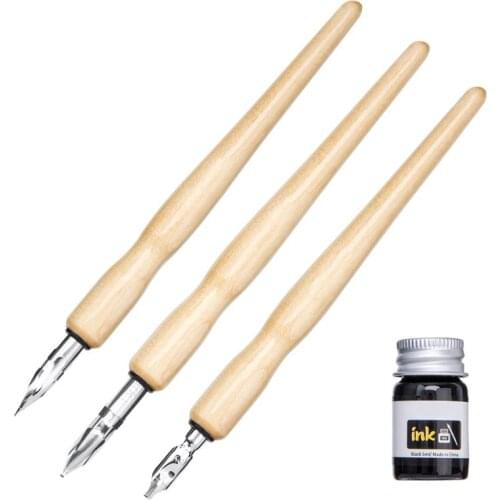 Manga Dip Pen Set Comic Pro Drawing Kit 3 Nibs Wood Holder Ink Calligraphy Tools