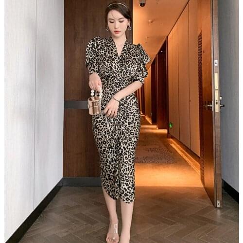Fashion Summer Korean Retro Puff Sleeve Satin Midi Party Dress Ladies Elegant Hollow Leopard Print Drawstring Folds Split Dress