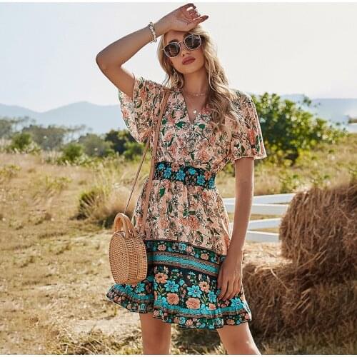 DUSINENA boho dress v-neck floral print women dresses belt chiffon casual flare sleeve vestidos