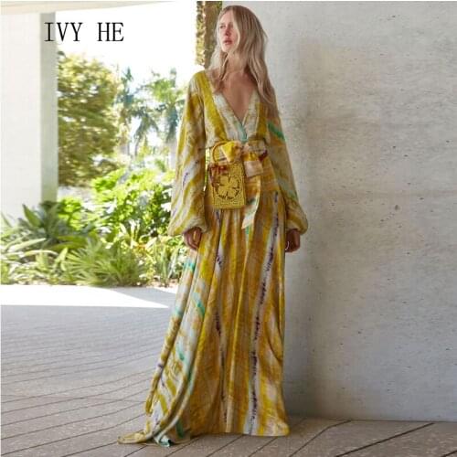 IVY HE Niche Design Yellow Stripe Print V-neck Lantern Sleeve Long Lace Up Womens Dress 2021 Temperament Vacation Style