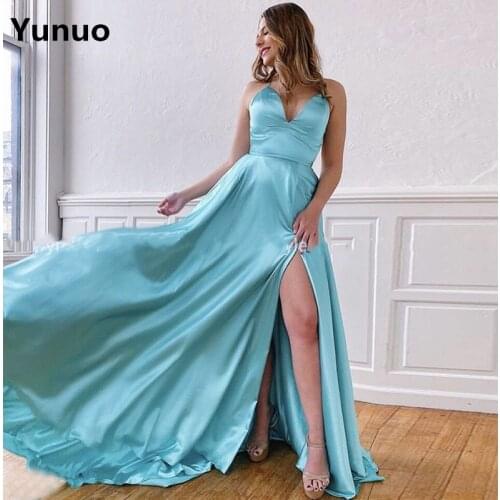 Sexy Satin Robe De Soiree Spaghetti Straps Side Slit V Neck Evening Dresses Long A Line Backless Prom Dresses Special Occasion