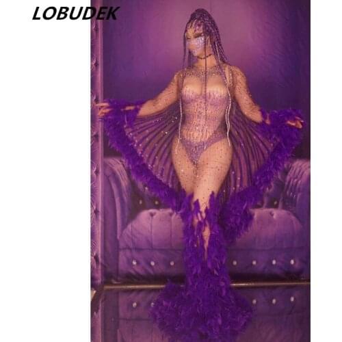 Mesh Purple Feather Cloak Rhinestones Transparent Tailing Dress Women Singer Model Catwalk Costume Bar Performance Stage Wear