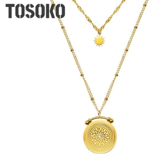 TOSOKO Stainless Steel Jewelry Eight Star Double Layer Zircon Necklace Womens Fashion Clavicle Chain BSP545