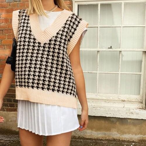 Houndstooth Knitted Pullover Sleeveless Womens Oversize Y2k Sweater Vest 2020 Vintage Plaid Jumpers E-Girl V Neck Tops Female