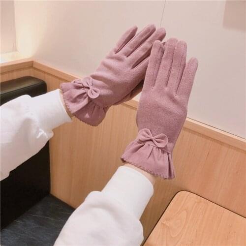 Women Autumn Winter Thin Section Windproof Warm Touch Screen Ruffle Cute Lovely Elegant Bow Decoration Cycling Simple Gloves