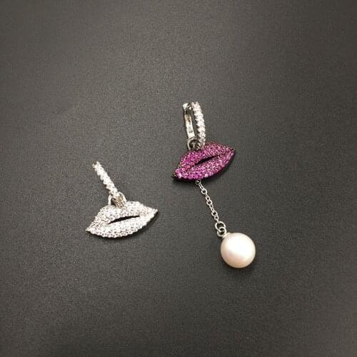 Women purple Lip Earrings New Asymmetrical Cubic Zirconia Pearl Drop Earrings Female Rhinestone Luxury Jewelry Oorbellen