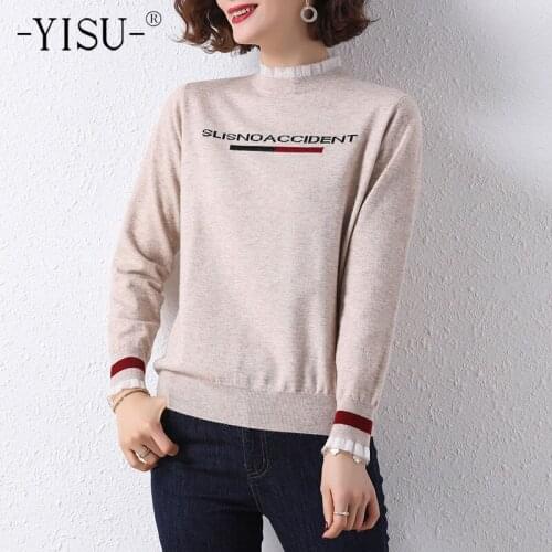 YISU Women Sweater Spring Solid color O-Neck Letters Long sleeve Sweater Jumper Female Casual Knitted Pullover Thin section