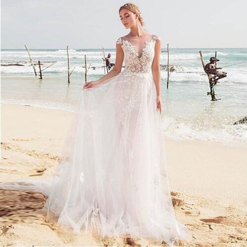 Fabulous Tulle Jewel Neckline 2 In 1 Wedding Dresses With Lace Appliques & Detachable Skirt Beach See Through Bridal Dress