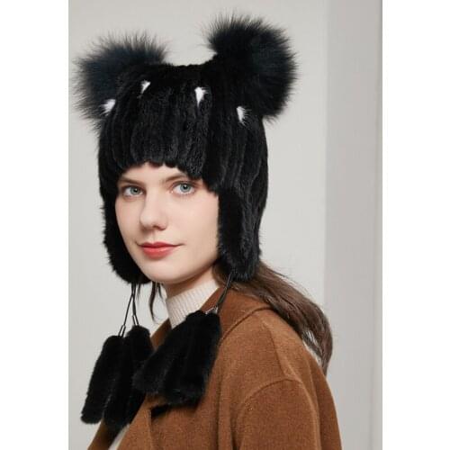 Winter real mink fur woven hat with mink fur ball fashionable ear protection beanie female natural winter cap vertical 20HY-15