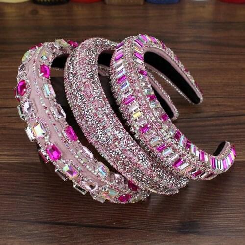 2021 Sparkly AB Pink Full Crystal Princess Headbands Rhinestone Baroque Hairbands For Women Hair Accessories Girls Wedding Tiara
