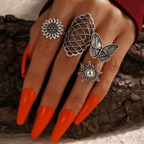 4Pcs/set Vintage Silver Color Alloy Bohemian Midi Finger Ring Sets for Women Sunflower Butterfly Sun Ring Indian Party Jewelry