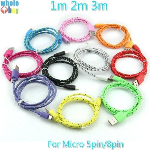 50pcs/lot 1M 2M 3M Colorful Round Braided Fabric Micro USB 5pin 8pin Cord Data & Sync Charger Cable for IPhone Samsung Huawei